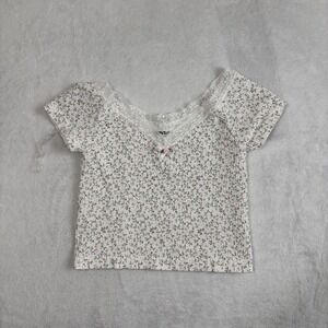 Y2K Contour Pacsun Floral‎ Lace White Short Sleeve Babydoll Top Women's XS